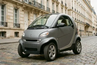 Voiture sans permis manuelle grise garée dans une rue pavée française avec bâtiments en pierre en arrière-plan