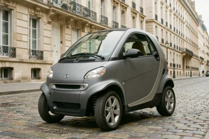 Voiture sans permis manuelle grise garée dans une rue pavée française avec bâtiments en pierre en arrière-plan