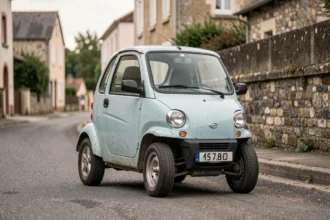 Petite voiture sans permis d'occasion bleue garée dans une rue résidentielle française