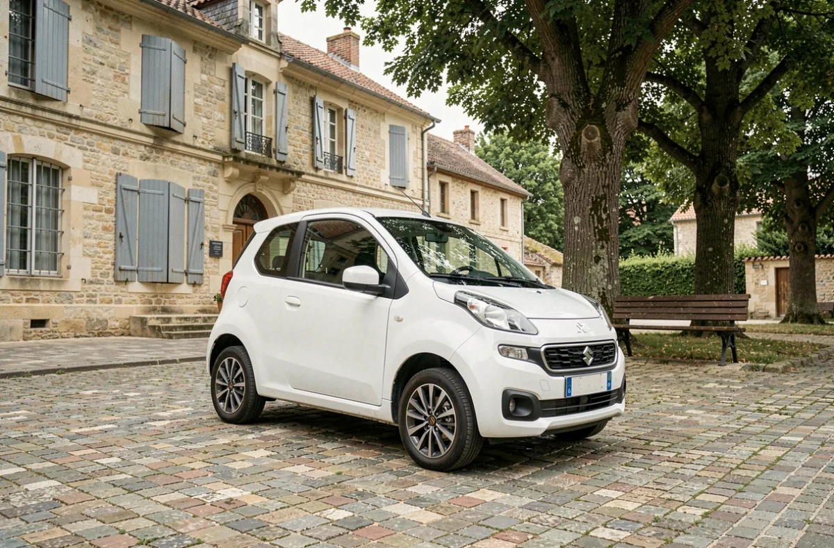 Une voiture sans permis Aixam blanche garée sur une place de village en France avec une mairie en arrière-plan