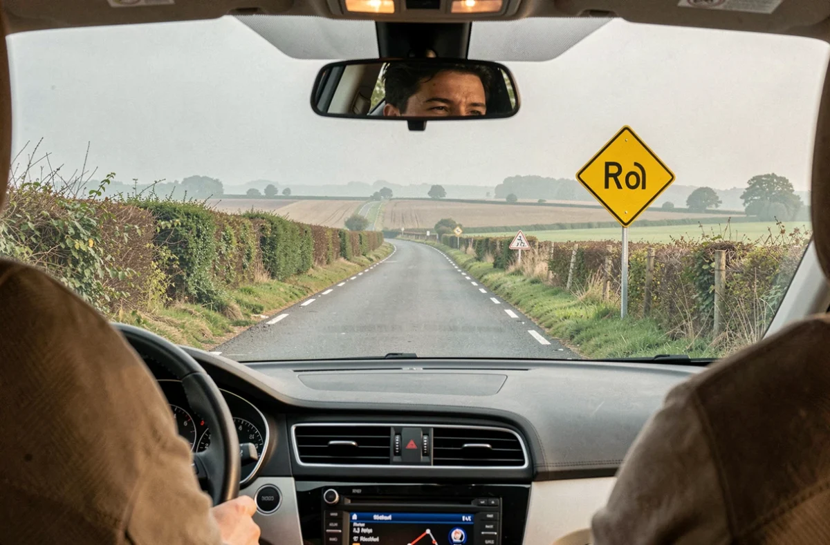 Vue conducteur depuis l'habitacle d'une voiture approchant un panneau de priorité losange jaune en route de campagne