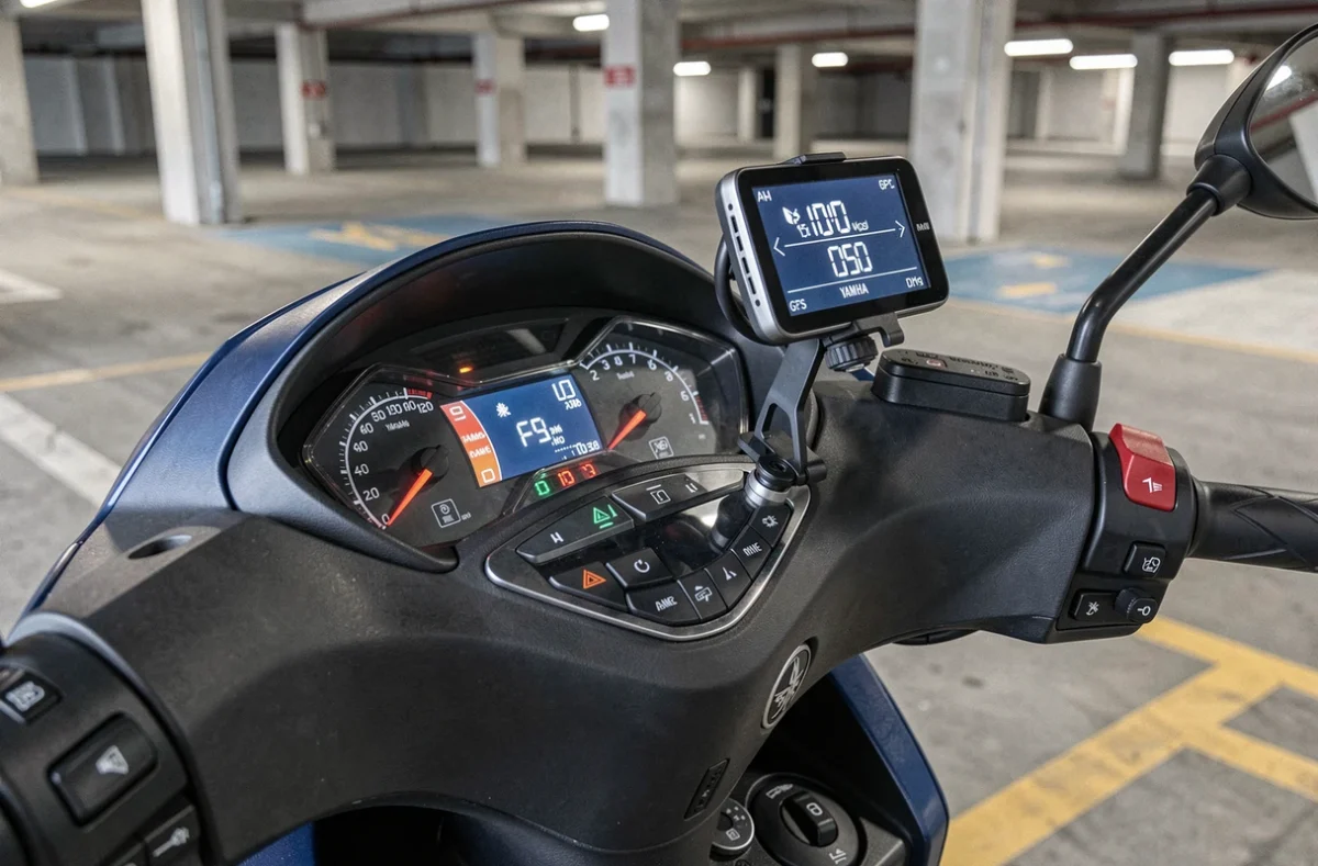 Comparaison côte à côte du compteur de vitesse du XMAX 125 et d'un GPS montrant l'écart de vitesse affiché
