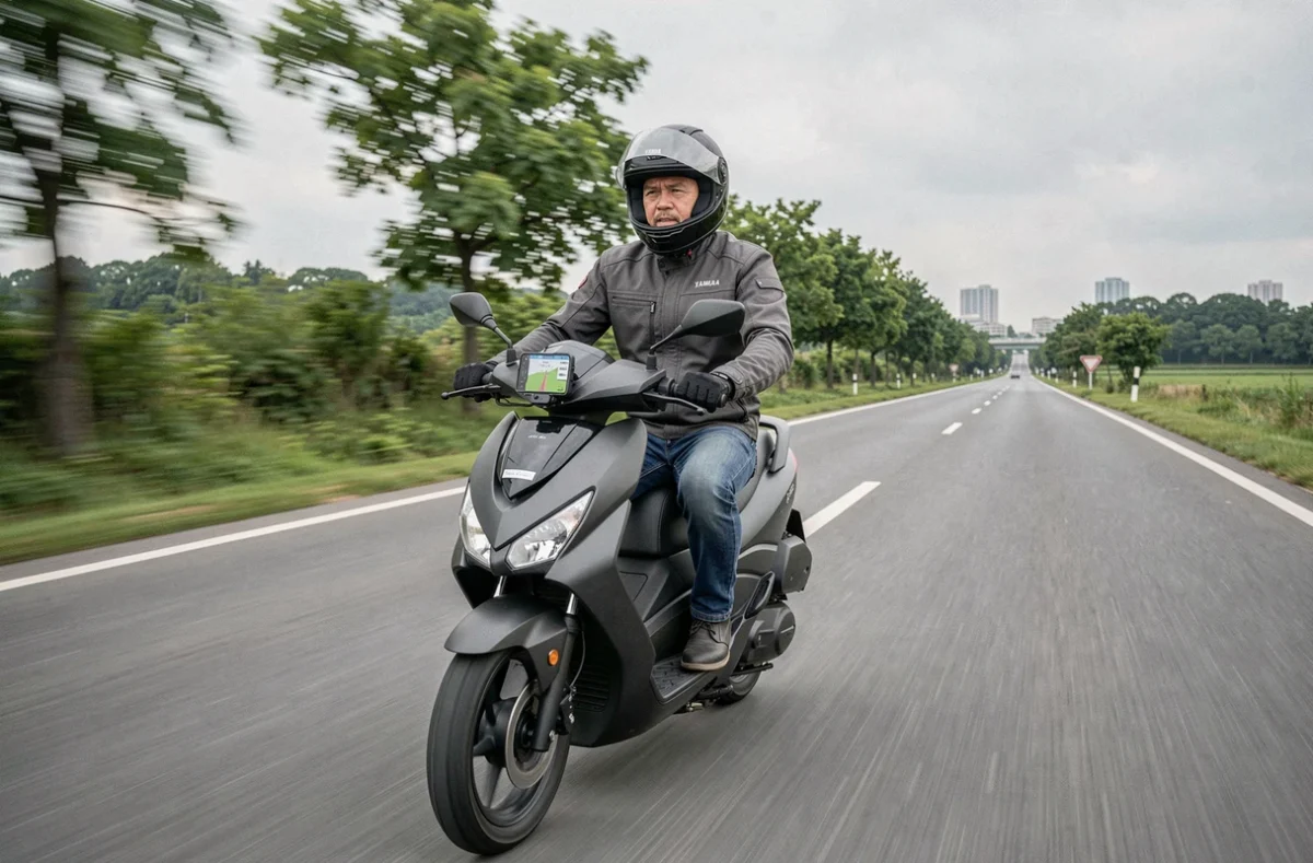 Motard sur un XMAX 125 avec GPS monté sur guidon comparant la vitesse réelle sur route ouverte