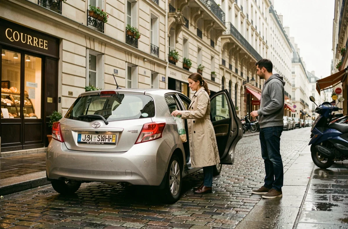 Toyota Yaris Sport garée dans une rue pavée parisienne avec un couple en train de charger des courses